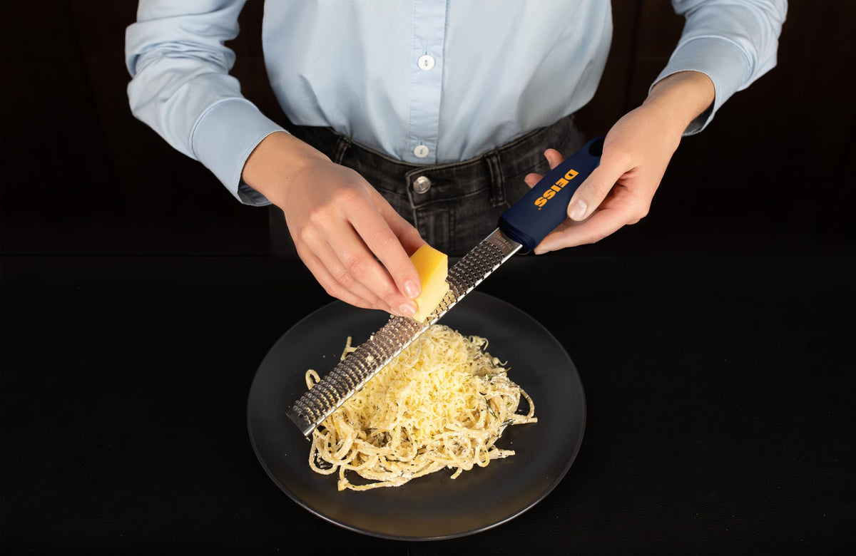 Deiss PRO zesting garlic, lemon, or ginger for vibrant kitchen flavors.