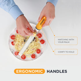 Parmesan cheese grated with Deiss PRO for fluffy, melt-ready shreds.
