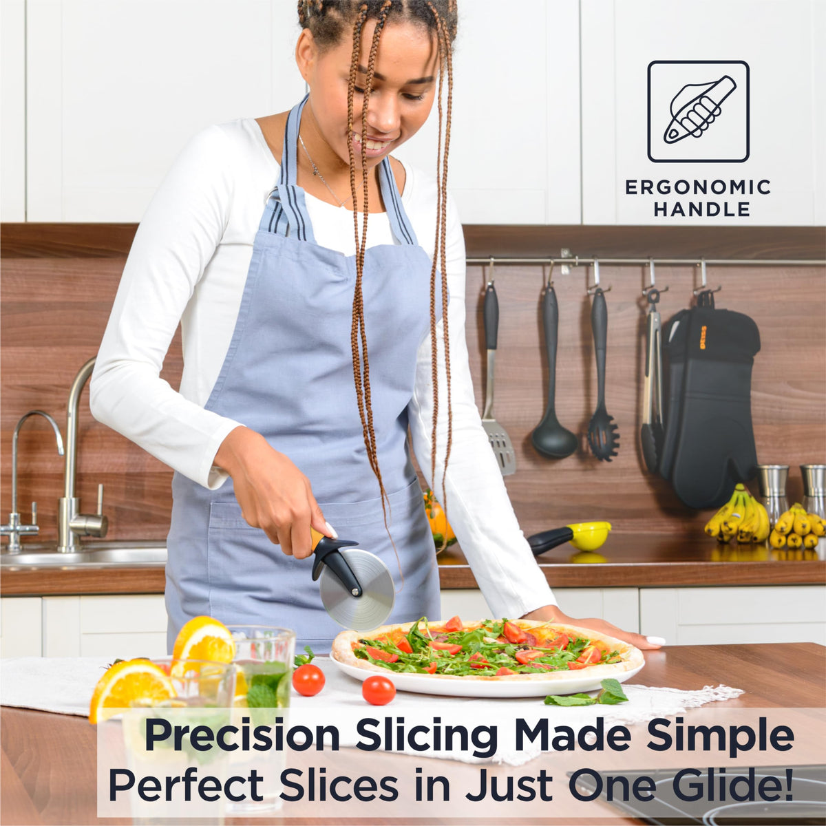 Deiss Pro orange-handle cutter highlights non-slip grip for comfortable slicing.