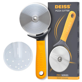 Deiss Pro pizza cutter wheel close-up showing sharp stainless steel blade for clean cuts.