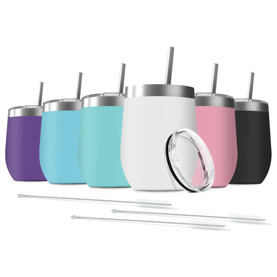 Deitybless six-pack wine tumblers with lids feature double-wall insulation for cold or hot drinks.