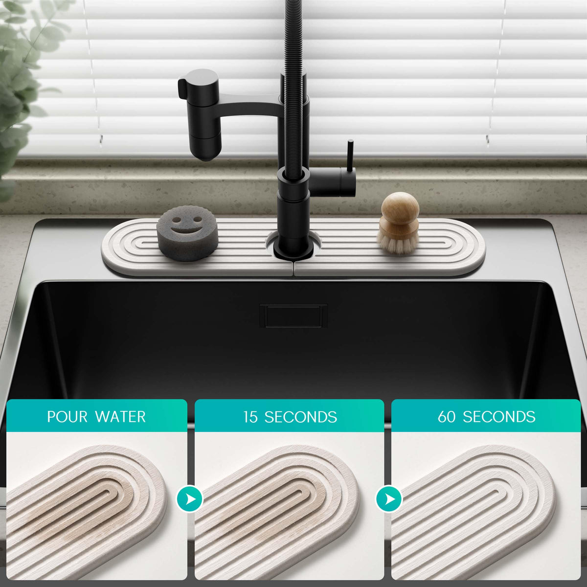 DEJUPE sink splash guard mat beside faucet keeps countertops clean.