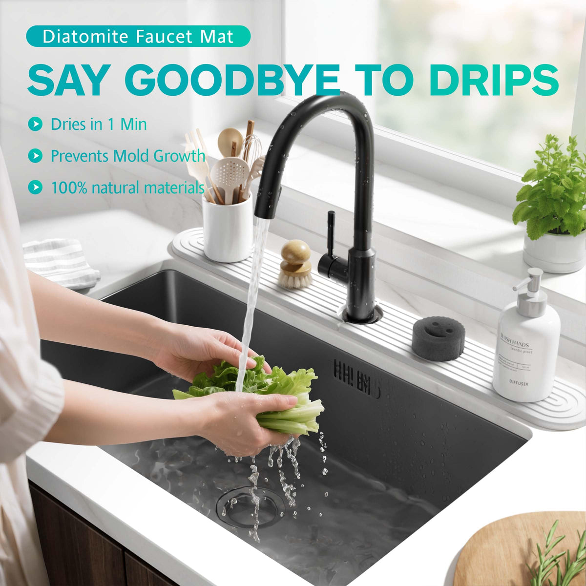 DEJUPE stone faucet mat in light grey protecting countertops from moisture.