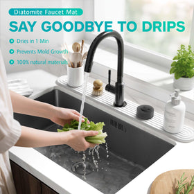 DEJUPE stone faucet mat in light grey protecting countertops from moisture.
