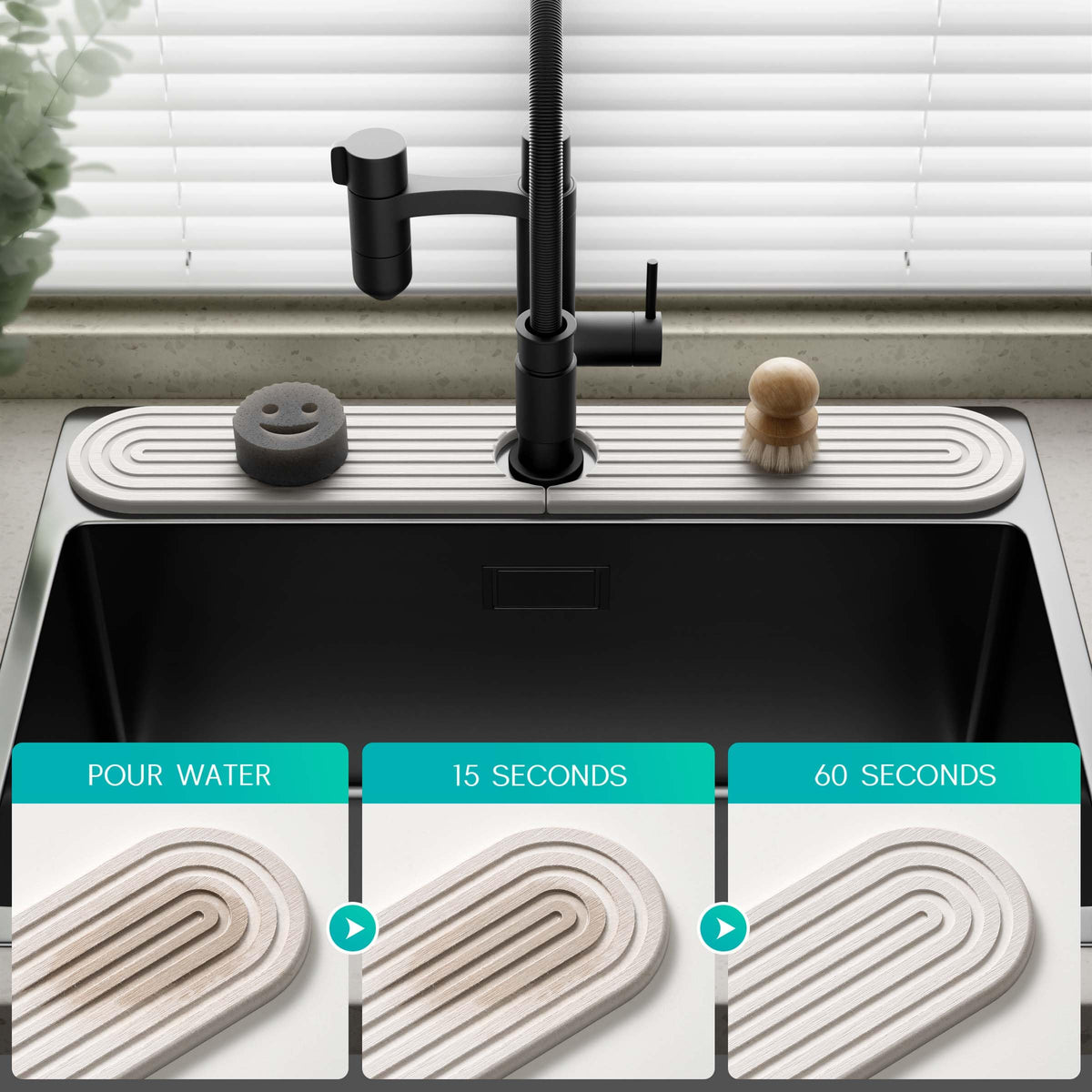 DEJUPE stone faucet mat used as drying tray for soap and sponge in kitchen.