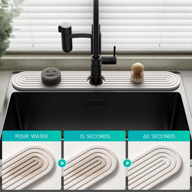 DEJUPE stone faucet mat used as drying tray for soap and sponge in kitchen.