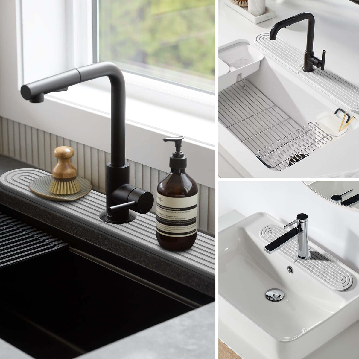 DEJUPE stone faucet mat beside sink in a modern kitchen setup.