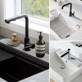 DEJUPE stone faucet mat beside sink in a modern kitchen setup.