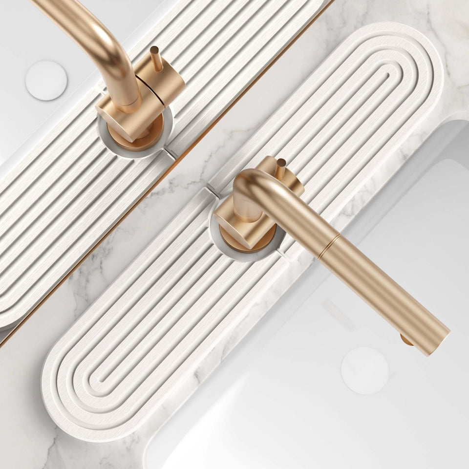 DEJUPE stone faucet mat on a kitchen sink protects counters from splashes and moisture.