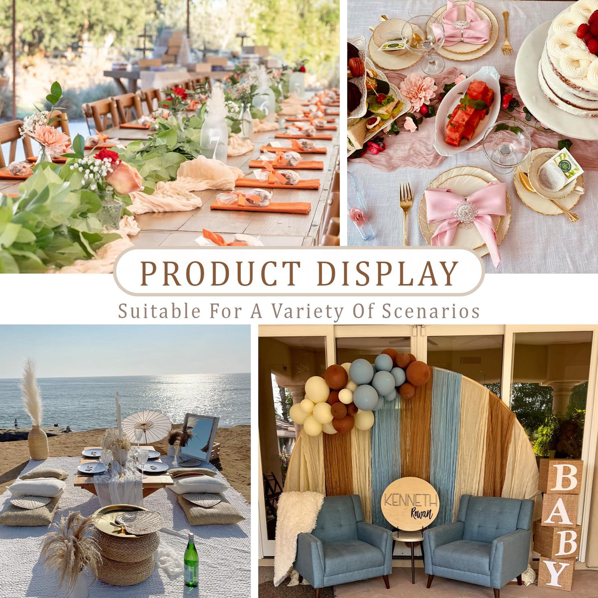 Dekafri pink cheesecloth table runner styled for outdoor garden party.