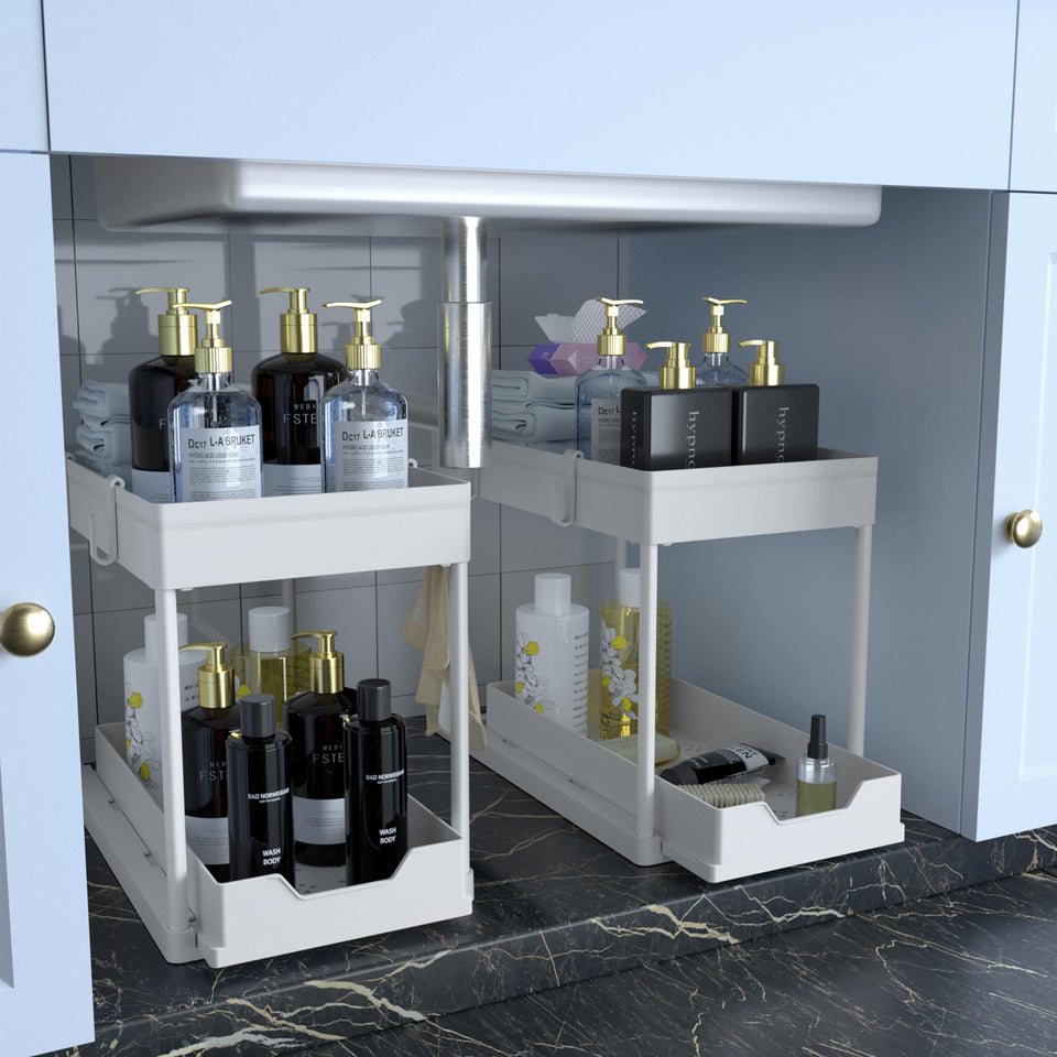 DEKAVA under-sink cabinet organizer with bottom drawer slide-out for easy access.