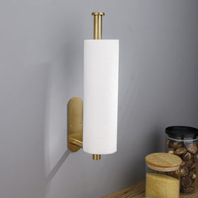 DEKAVA under-cabinet paper towel holder in gold, close-up view.