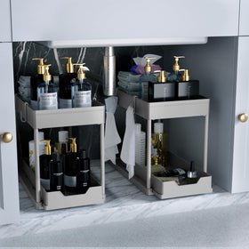 DEKAVA under-sink organizer two-pack front view with two-tier design for compact storage.