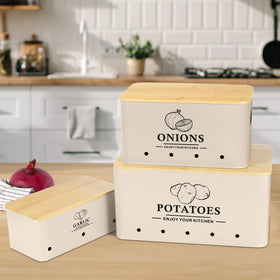 Dekosilave onion storage box in beige helps separate produce and reduce spoilage.