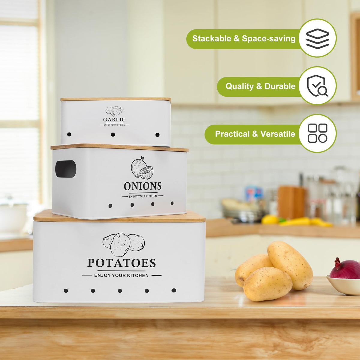 Dekosilave onion storage box side view highlighting easy access and labeling.