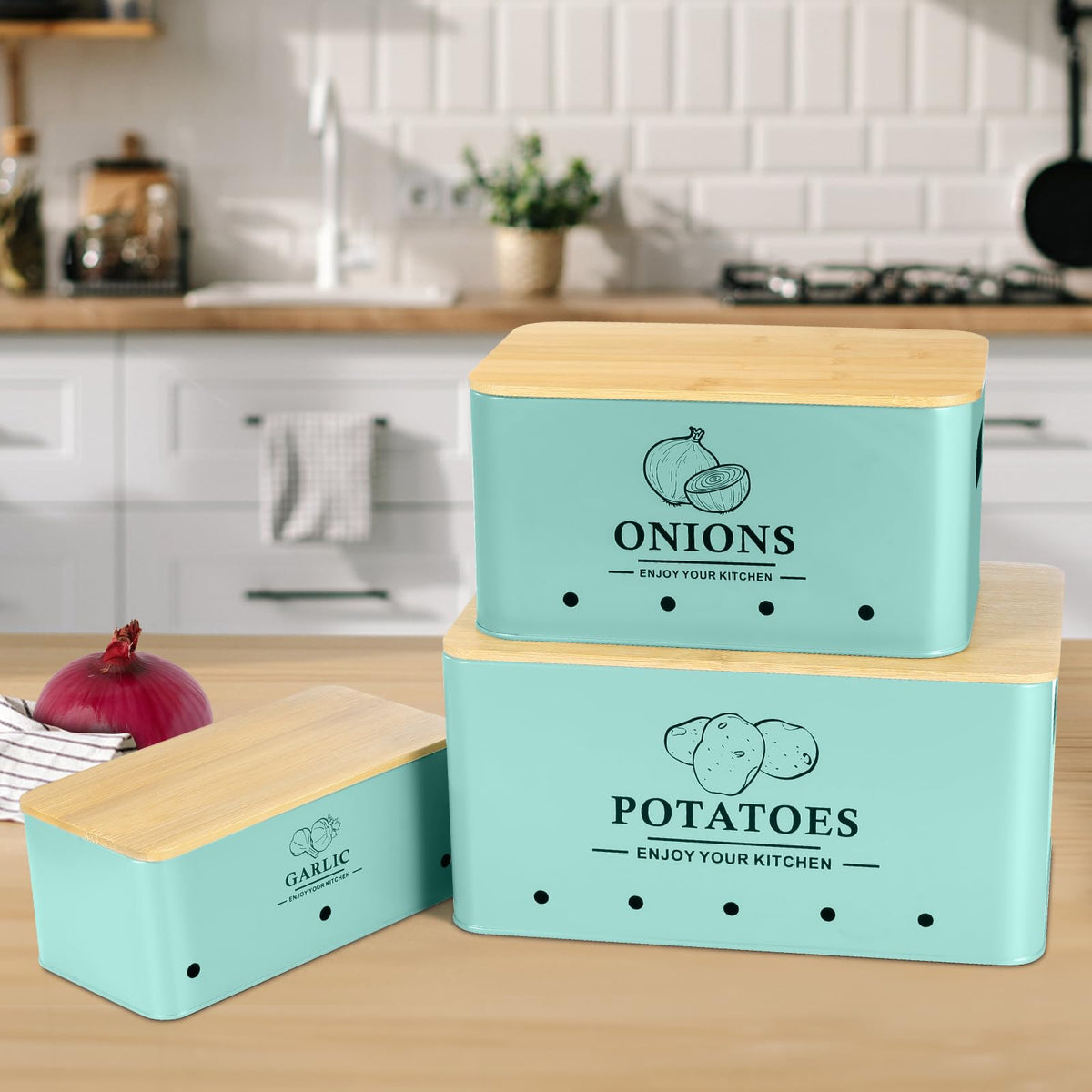 Dekosilave onion storage box in blue finish preserves freshness and reduces odor