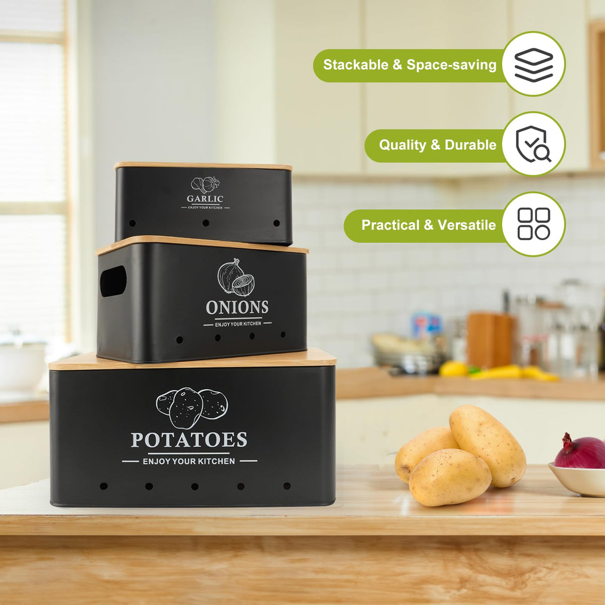 Dekosilave onion storage container labeled ONIONS for easy organization.