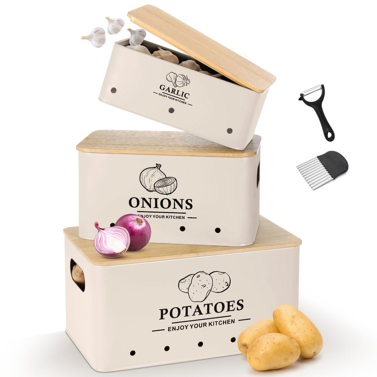 Dekosilave potato storage box in beige with breathable design for longer freshness.