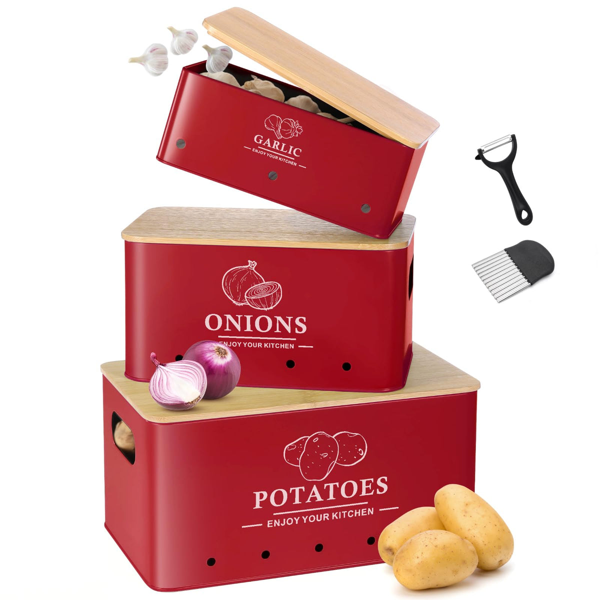 Dekosilave potato storage box with aeration for organized potatoes and freshness.
