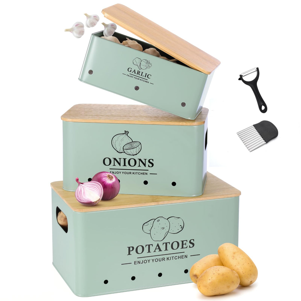 Dekosilave potato storage box with ventilation for fresh, organized potatoes.
