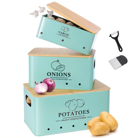 Dekosilave potato storage box in blue finish keeps potatoes organized and ventilated