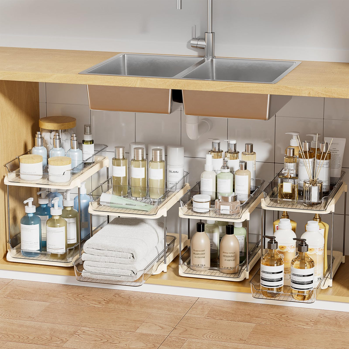 Delamu 2-Tier under-sink organizer with drawers for easy access and organization.