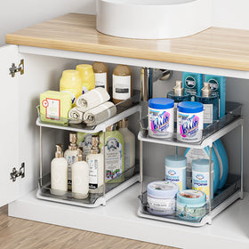Delamu 2-tier under-sink organizer with pull-out drawers for easy access.