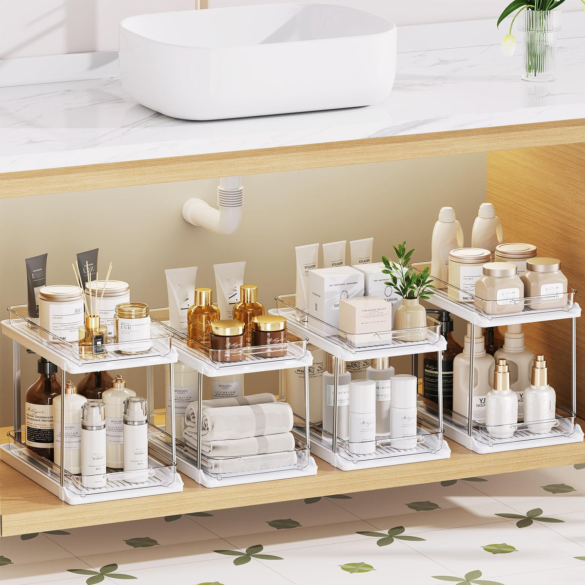 Delamu 2-tier under-sink organizers, assembly ready for versatile storage.