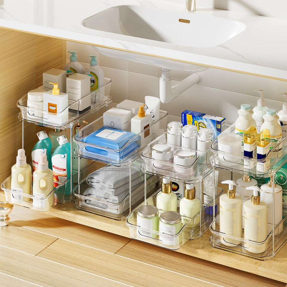 Delamu 2-tier under sink organizer with pull-out drawers for easy access.
