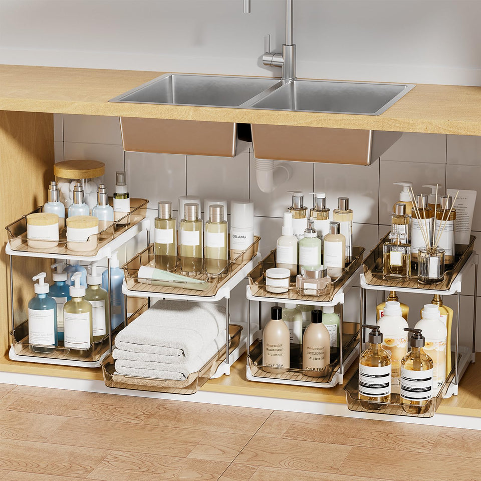 Delamu 2-Tier under-sink organizer in amber keeps supplies neatly organized.
