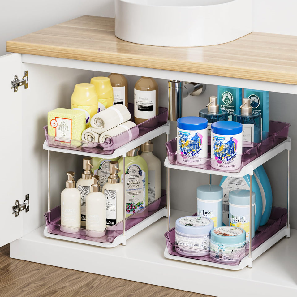 Delamu 2-tier under-sink organizer in purple for neat cabinets.