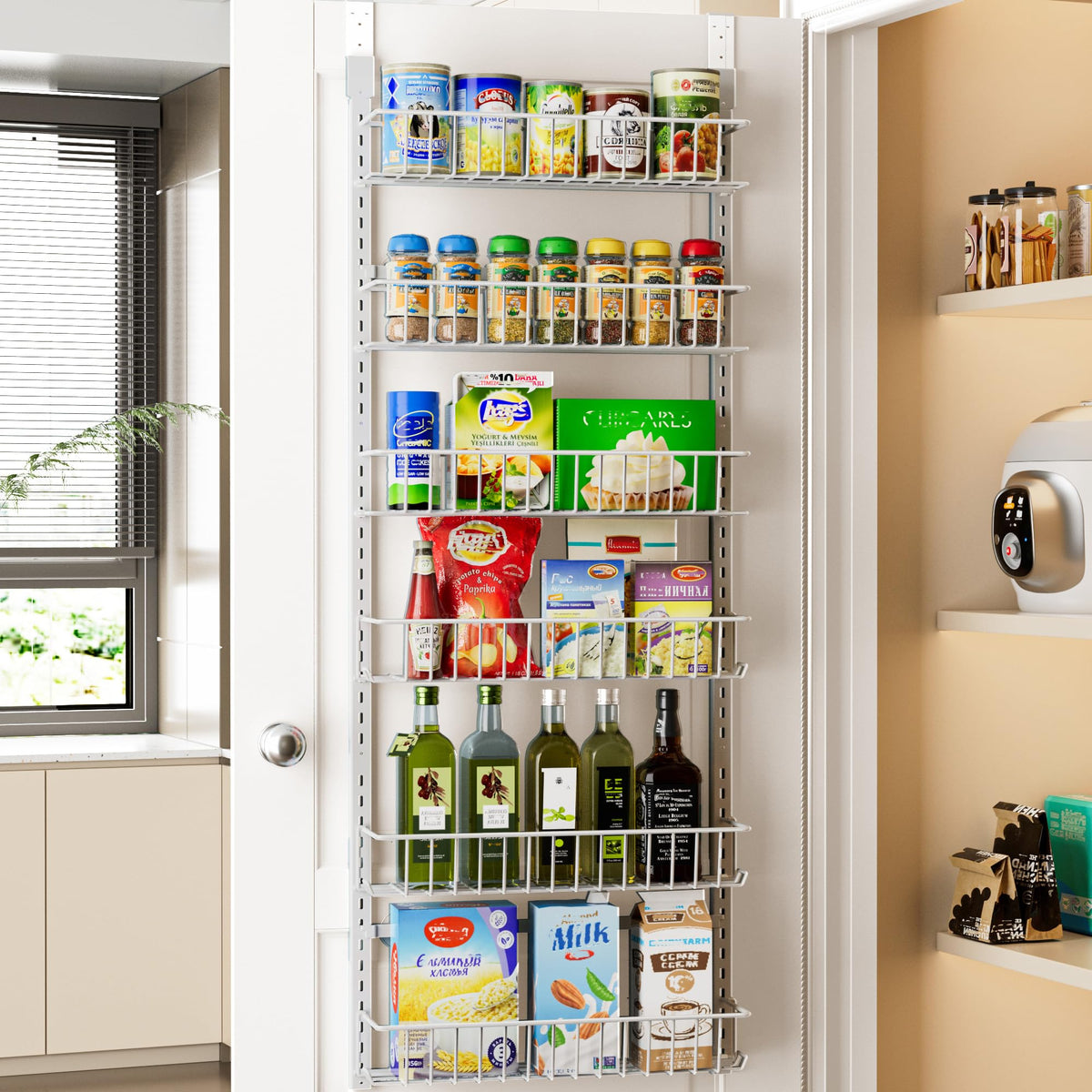 Delamu 6-tier cabinet door organizer keeps spices neatly organized on pantry doors.