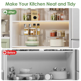 Delamu acrylic shelf risers stack neatly, maximizing vertical space in your cabinet.