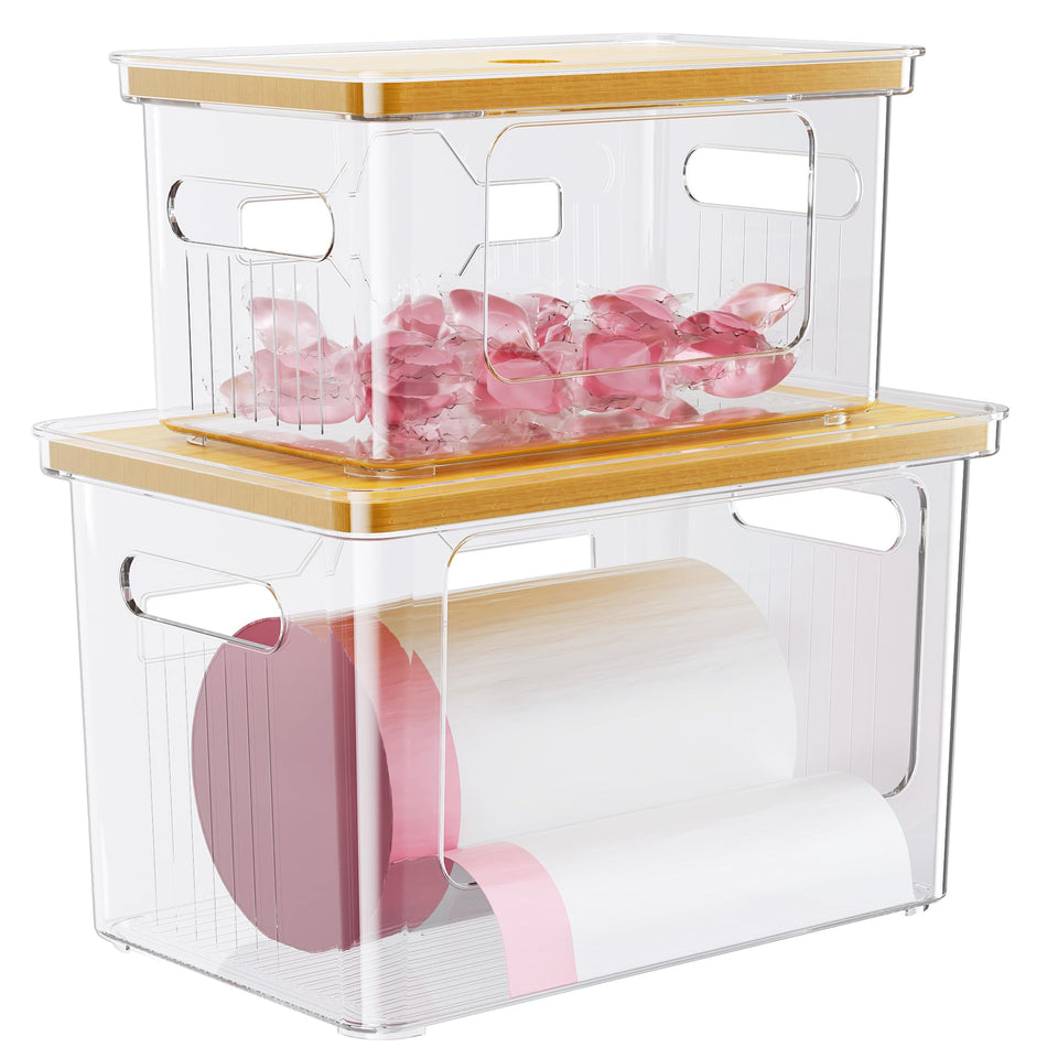 Delamu acrylic trash bag holder front view, clean and tidy counter organization