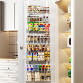 Delamu adjustable cabinet door organizer on door with 8-tier spice rack for easy access