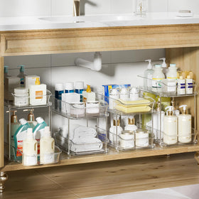 Delamu bathroom cabinet organizer in clear material keeps items visible and organized.