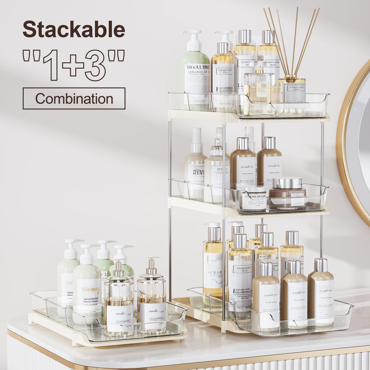 Delamu clear acrylic bathroom organizer highlights visibility and tidy vanity storage.