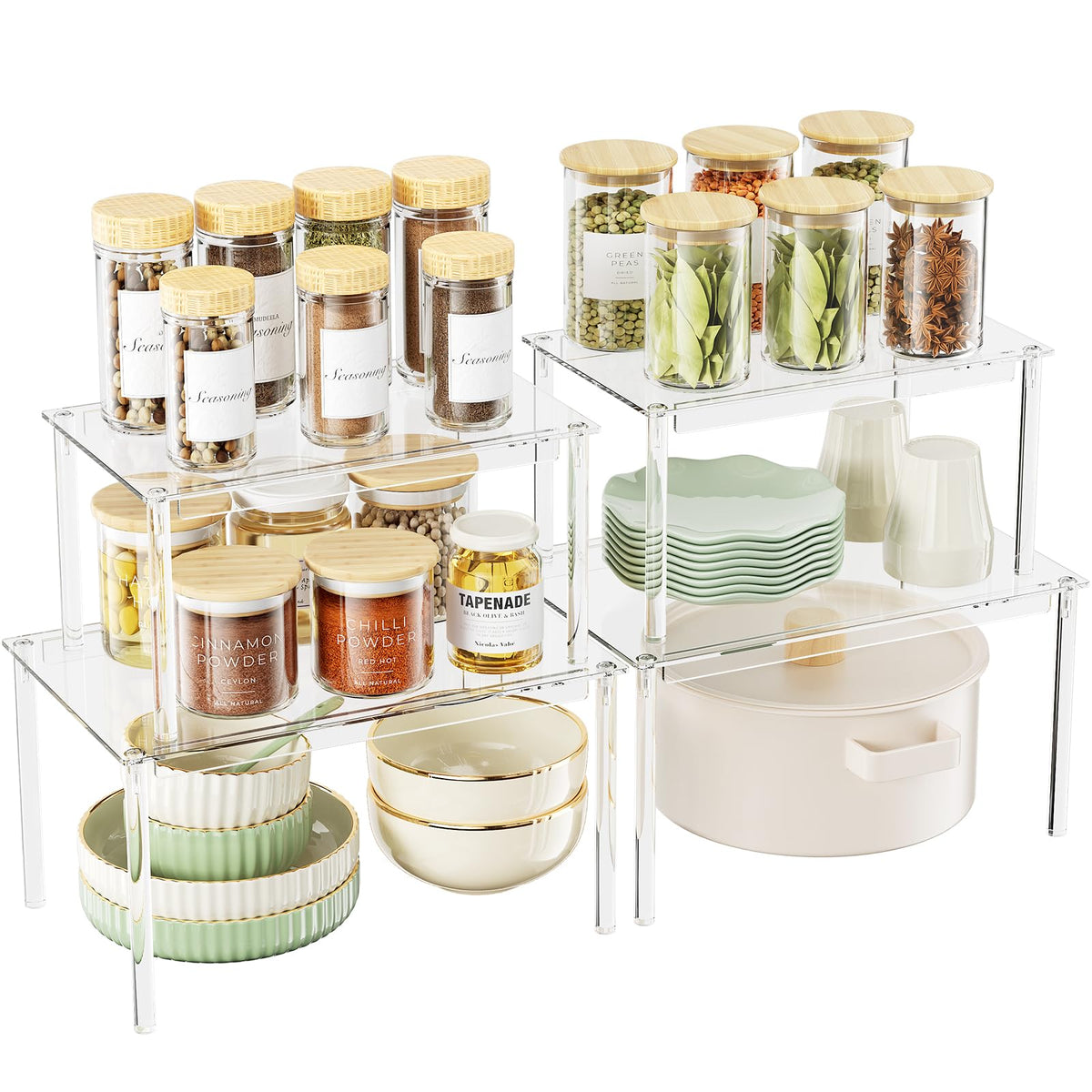 Delamu clear cabinet organizer set with four shelves, simple assembly for tidy storage.