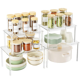 Delamu clear cabinet organizer set with four shelves, simple assembly for tidy storage.