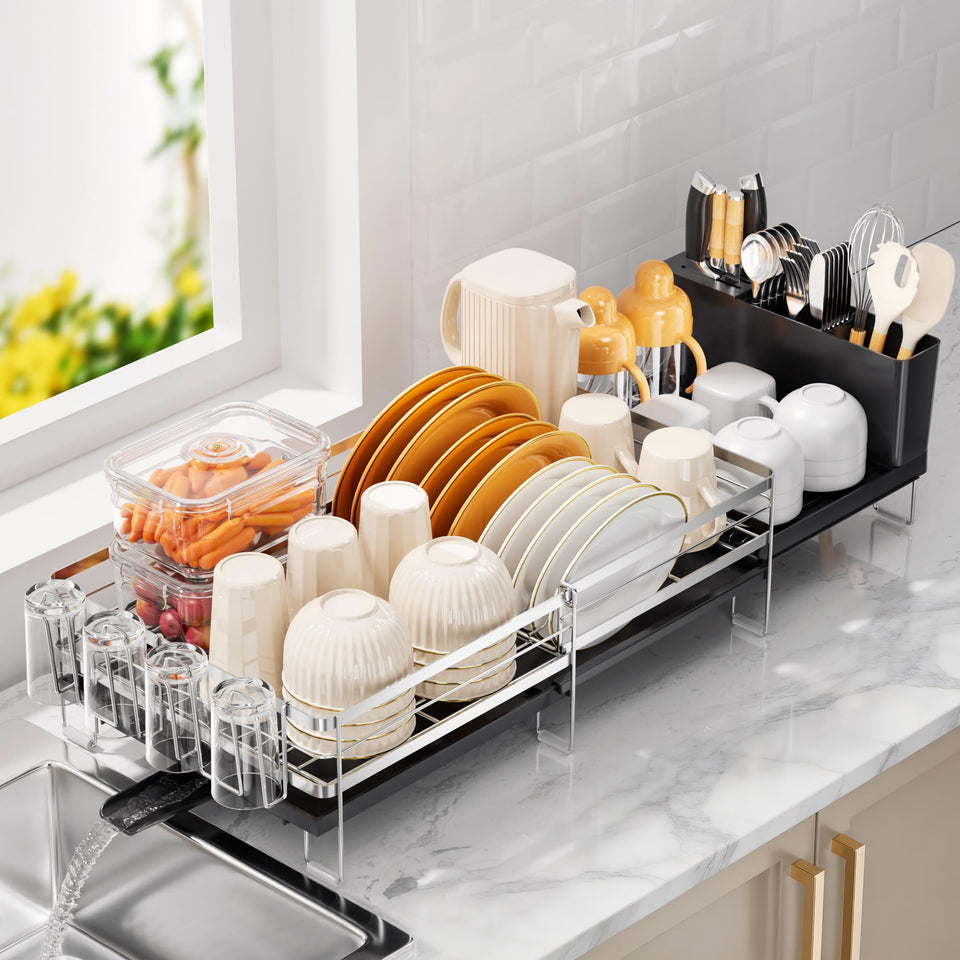 Delamu dish drying rack extended length to handle a full family load