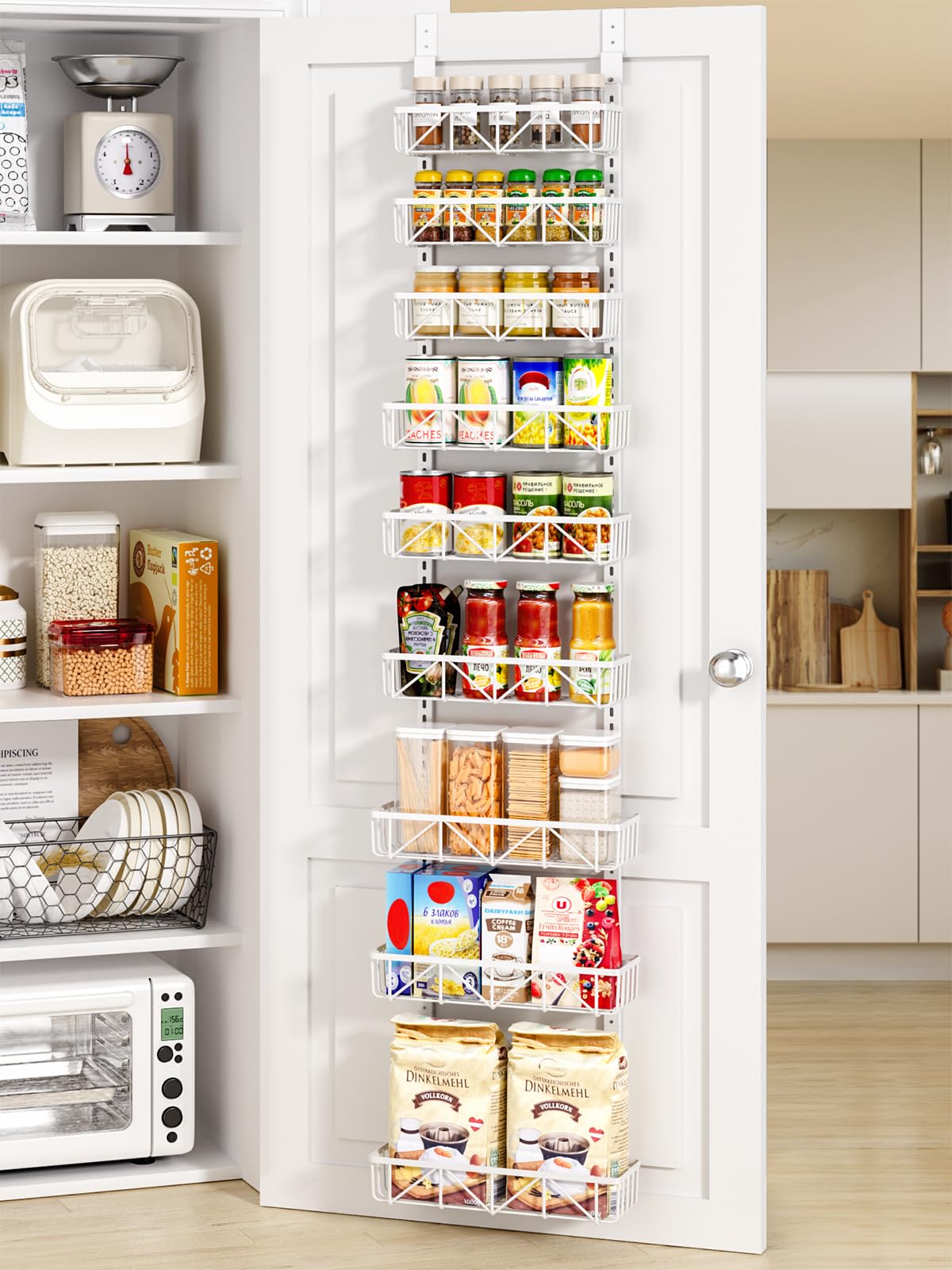 Delamu narrow 9-tier over-the-door pantry organizer displaying stacked baskets for compact storage