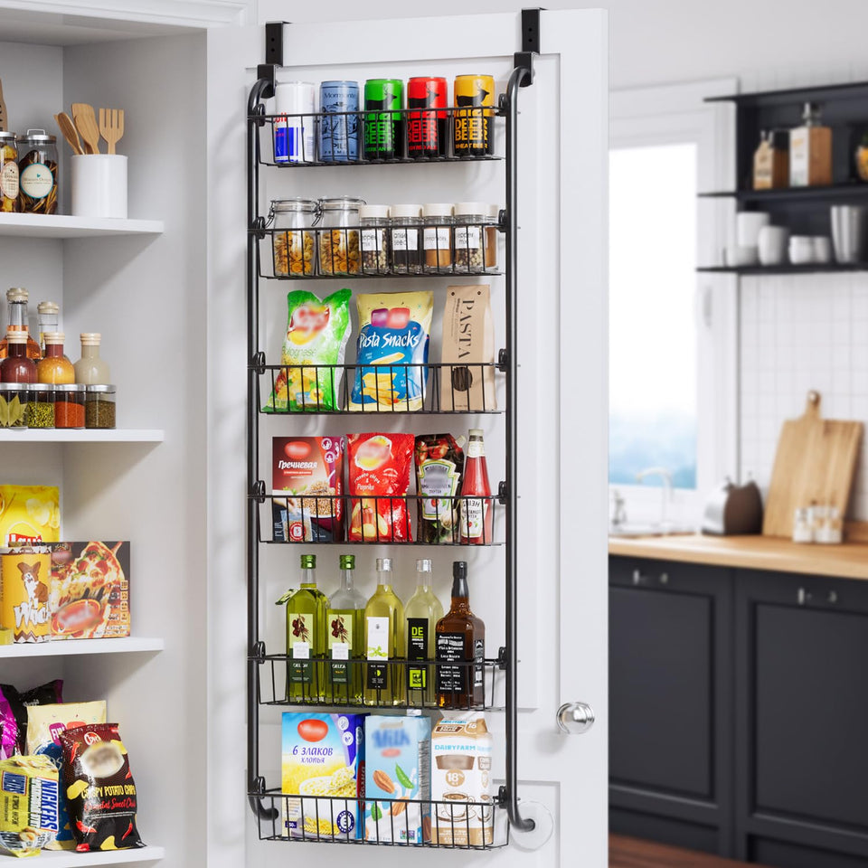 Delamu over-the-door pantry organizer with six-tier baskets for compact kitchen storage