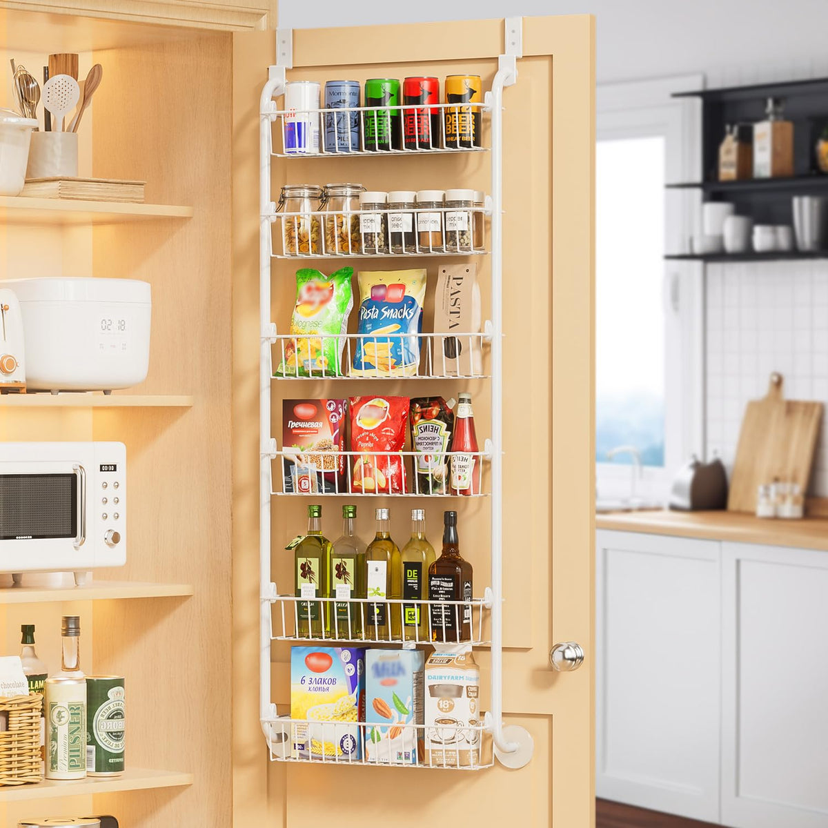 Delamu over-the-door pantry organizer assembly shows quick snap-in installation for fast setup.