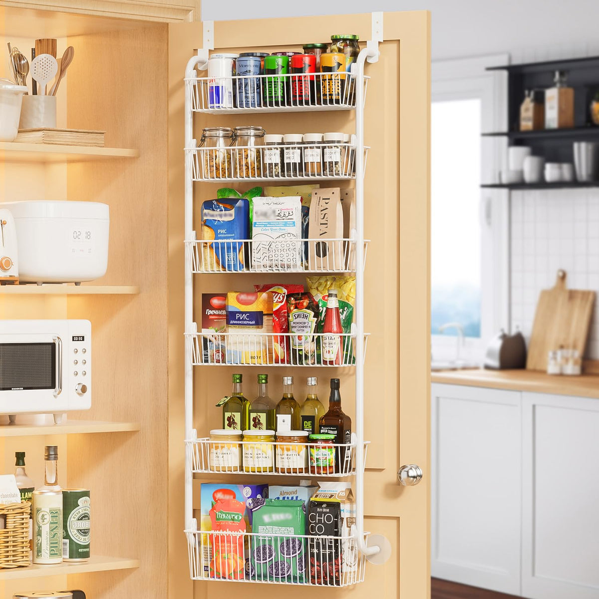 Delamu 6-tier pantry door organizer keeps jars neatly accessible