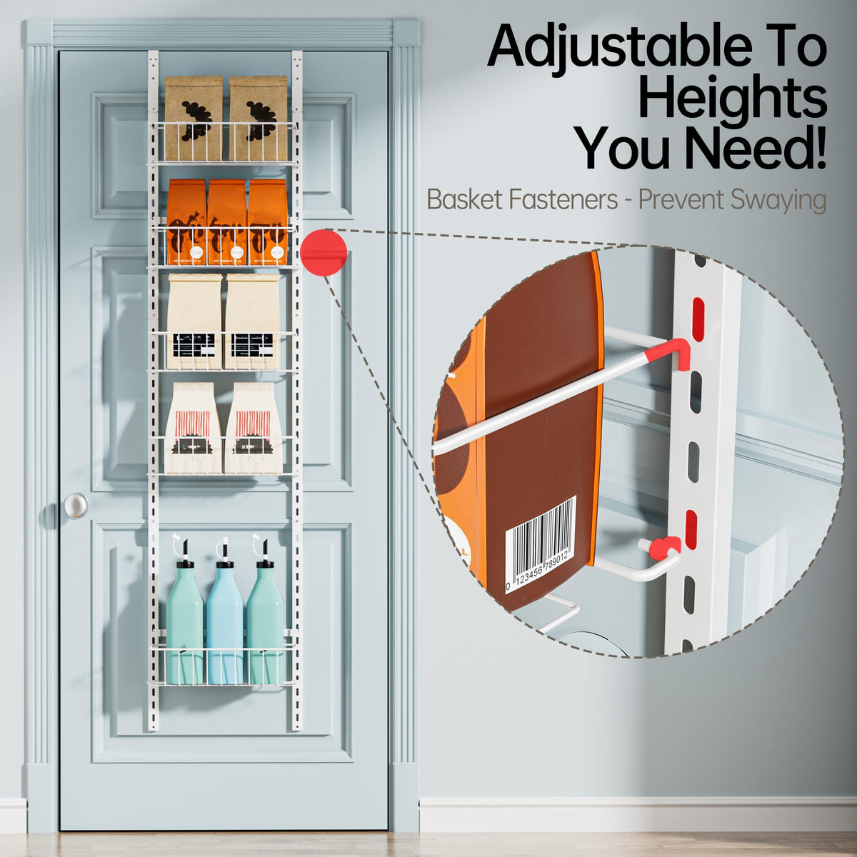 Delamu organizer close-up of basket rails and rust-proof metal finish