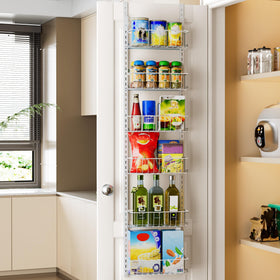 Delamu pantry door organizer shown full height with six-tier storage on a kitchen door