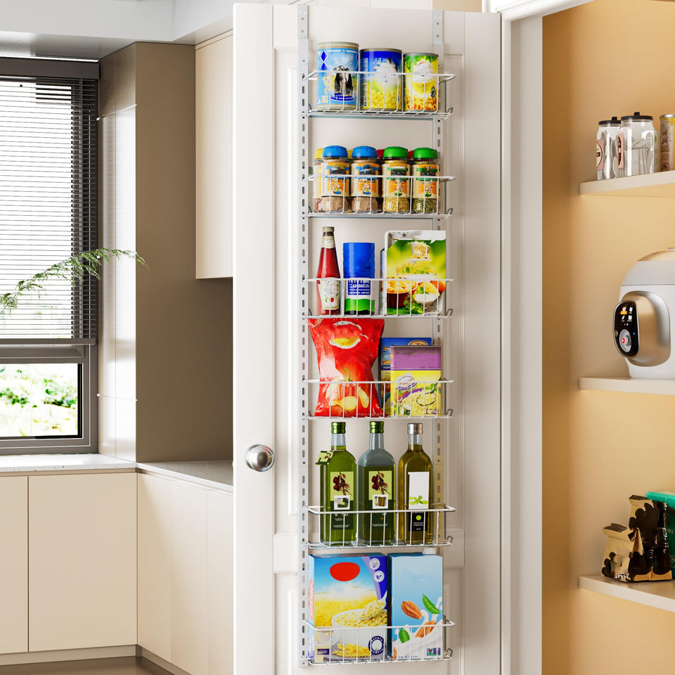 Delamu pantry door organizer shown full height with six-tier storage on a kitchen door