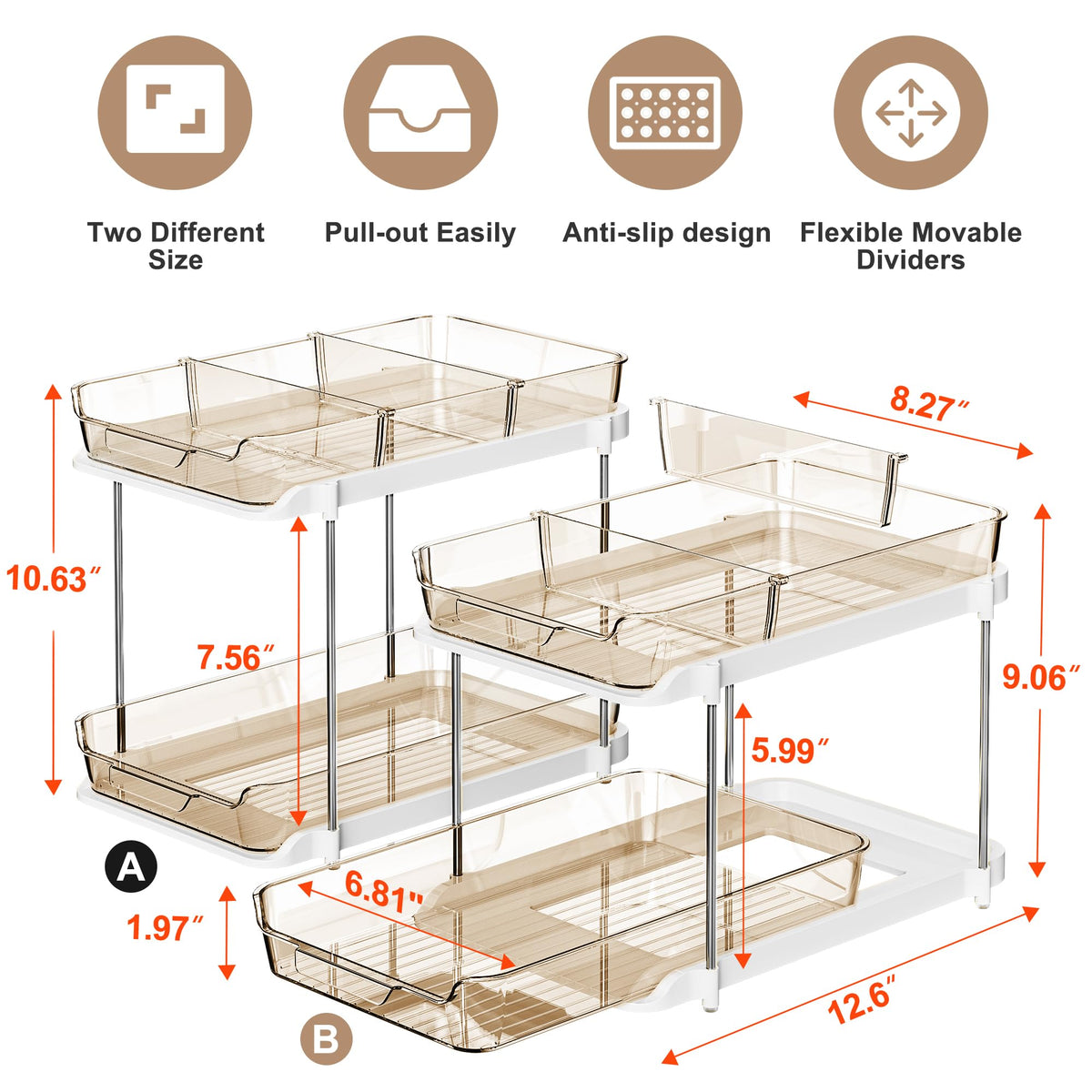 Delamu pull-out drawers with movable dividers allow easy access to items in tight spaces.