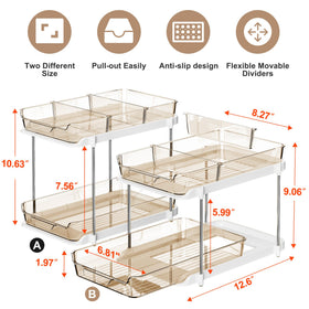 Delamu pull-out drawers with movable dividers allow easy access to items in tight spaces.