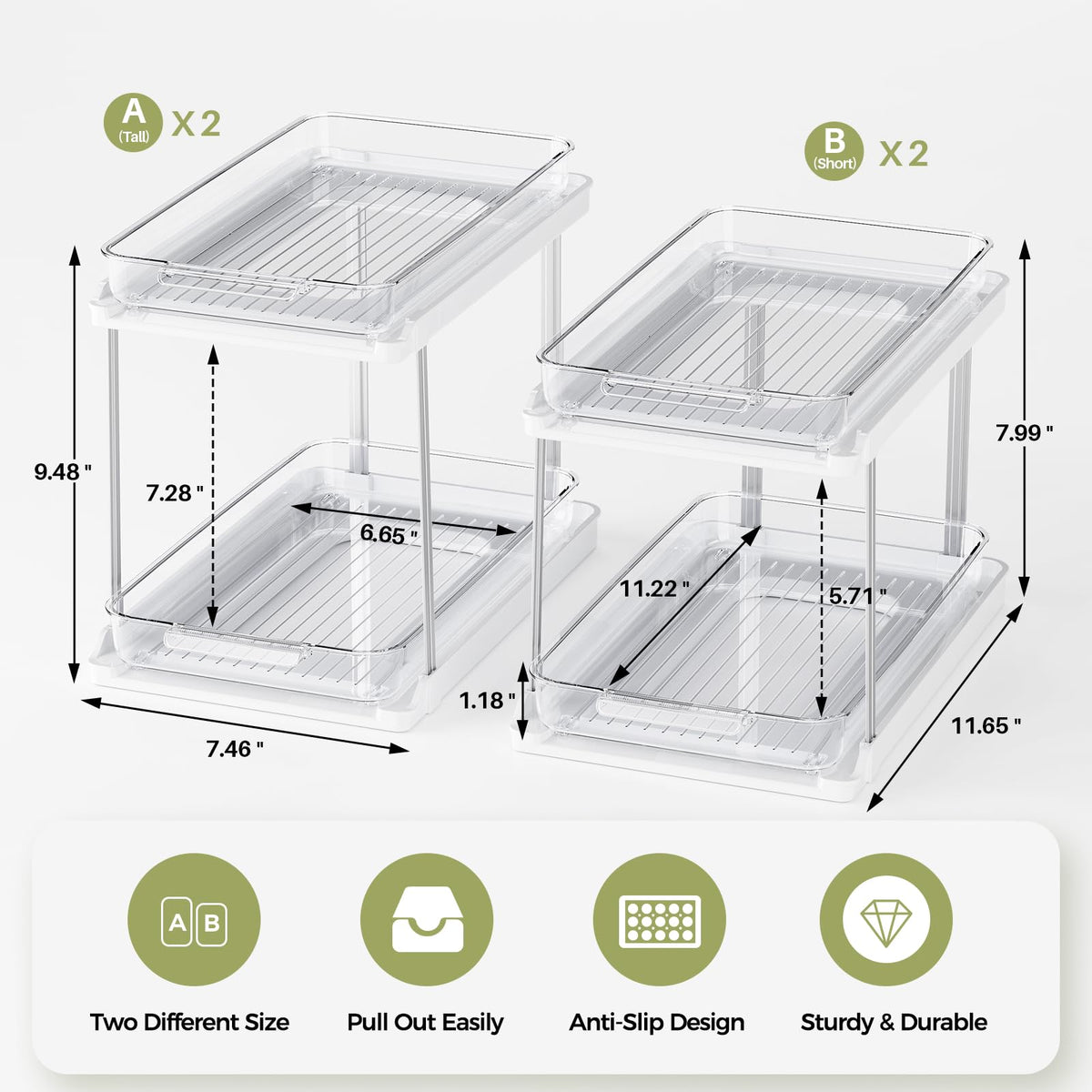 Delamu pull-out drawers in white enable quick item access.